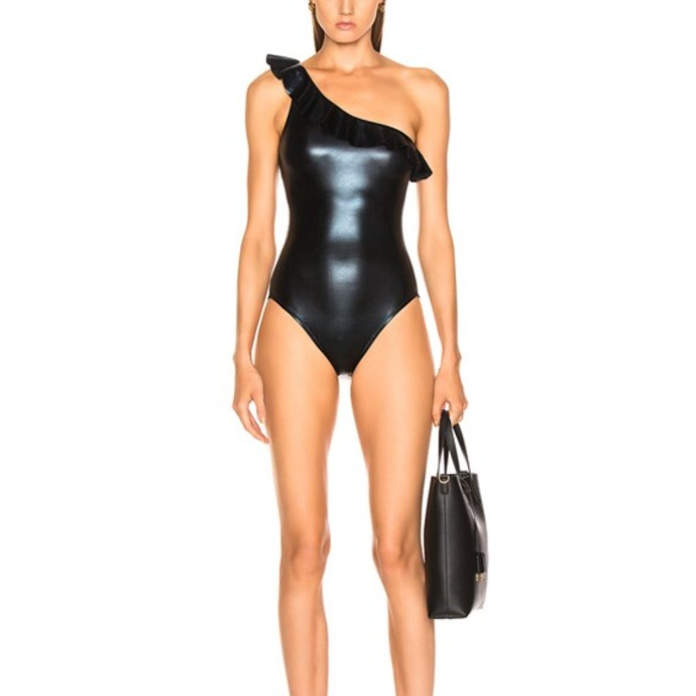 Norma Kamali one-shoulder ruffle Mio swimsuit (black, XS)
